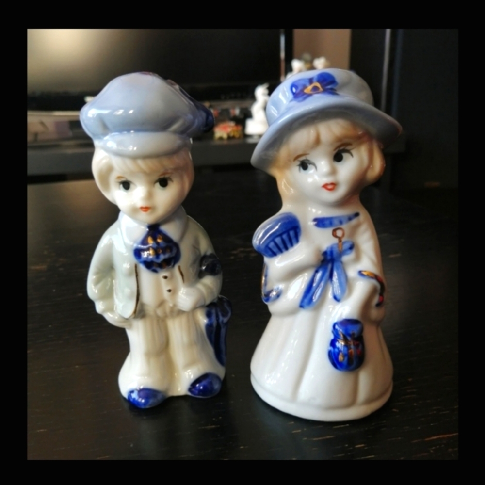 Vintage Cute Girl and Boy White and Blue Porcelain Figurines